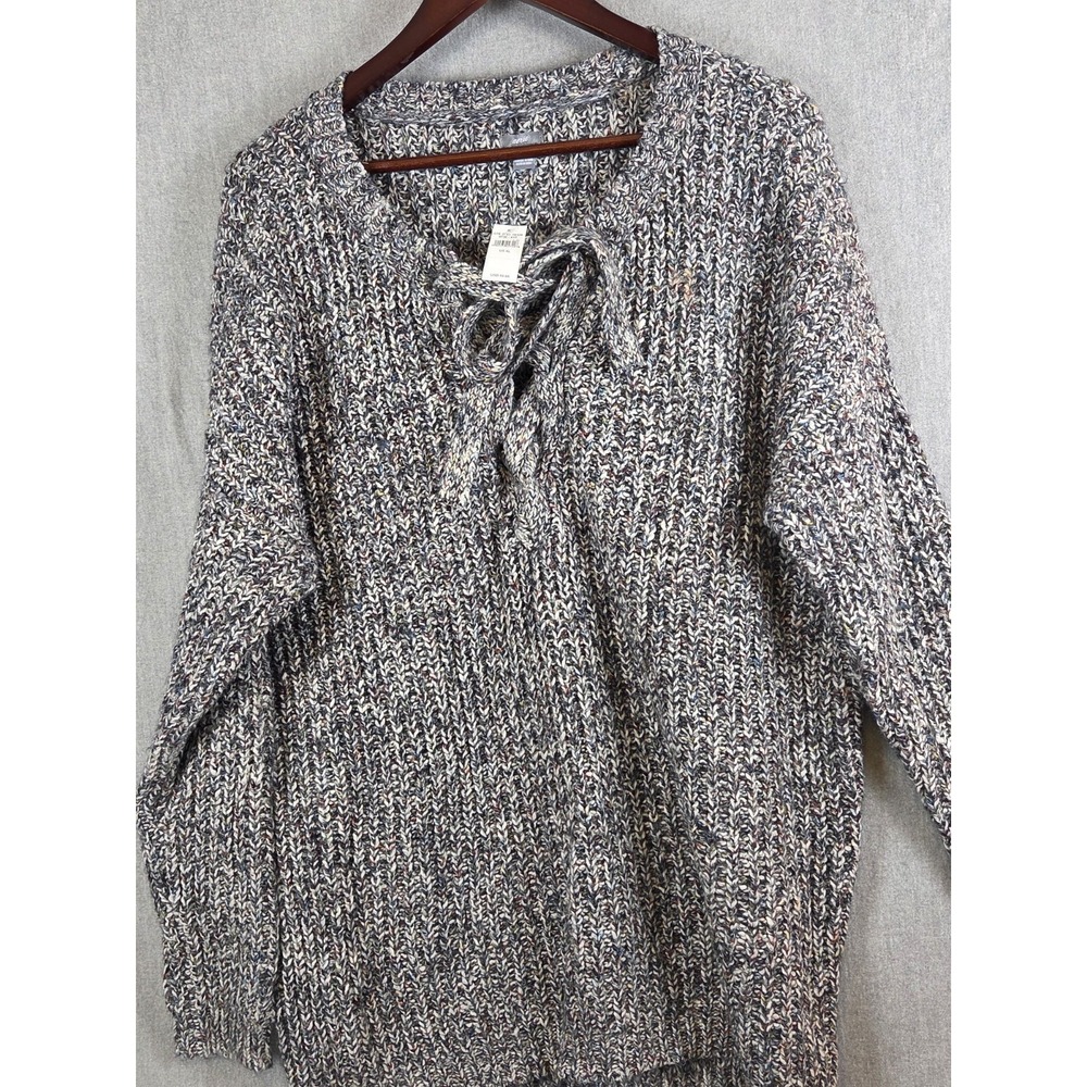 Aerie Size XL Long Sleeve Lace Up Neck Sweater Heathered Gray Chunky Knit NEW